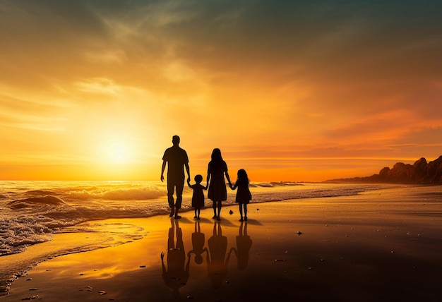 Silhueta familiar em pé na praia pôr do sol pai mãe filha caminhada Generative AI
