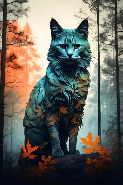 Foto silhueta de gato fusión forestal nórdica doble exposición líneas nítidas diseño de camiseta vibrante