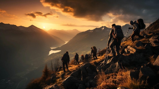silhueta Grupo de pessoas escalando o pico da montanha durante o pôr do sol para ajudar o trabalho em equipe
