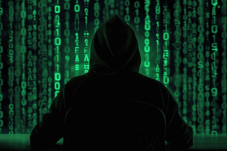 Foto silhueta de un hacker de espionaje digital en una cuadrícula binaria