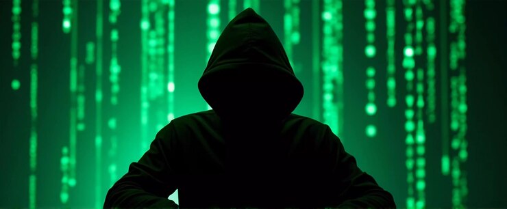 Foto silhueta de hacker frente al código figura sombría con una capucha sentada en una computadora