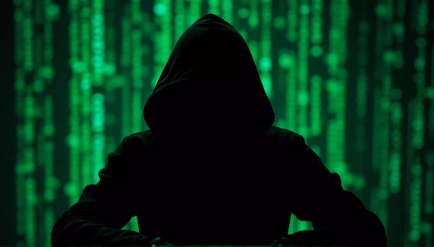 Silhueta de hacker frente al código figura sombría con una capucha sentada en una computadora