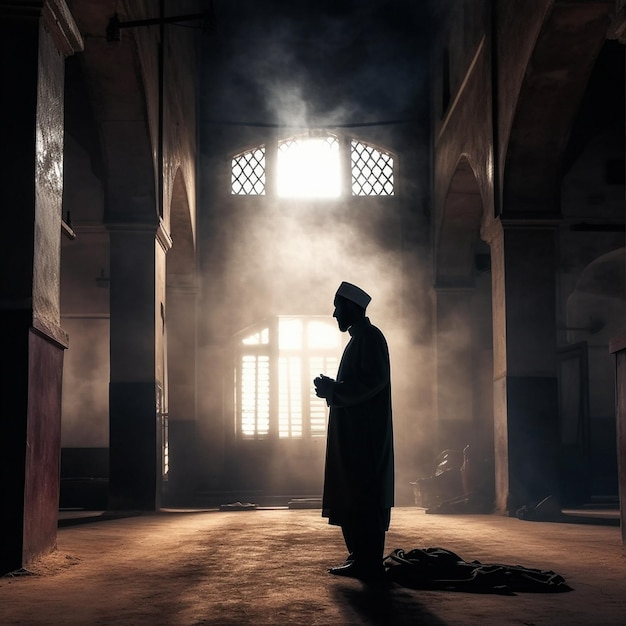 Silhueta de hombre y mezquita para la fe islámica religión creencia para Eid Ramadán y La Meca rezando al atardecer