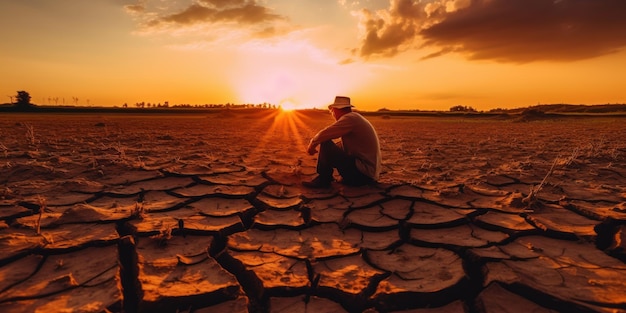 Foto silhueta homem triste na terra crackle mudanças climáticas e conceito de aquecimento global generative ai