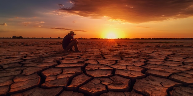 Silhueta Homem Triste na Terra Crackle Mudanças Climáticas e Conceito de Aquecimento Global Generative Ai