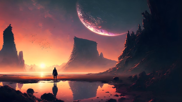 Silhueta humana sozinha em pé na paisagem rochosa extraterrestre ao nascer ou pôr do sol