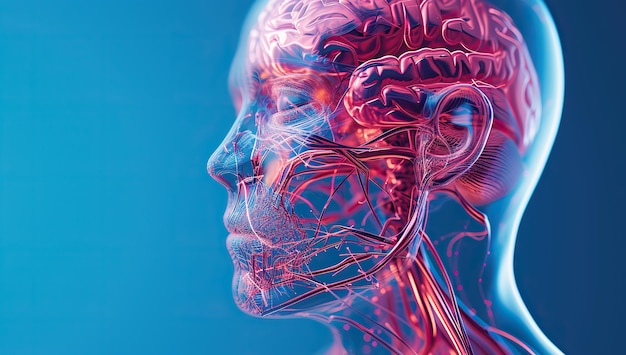 Silhueta humana transparente futurista con cerebro y sistema nervioso El concepto de biomedicina