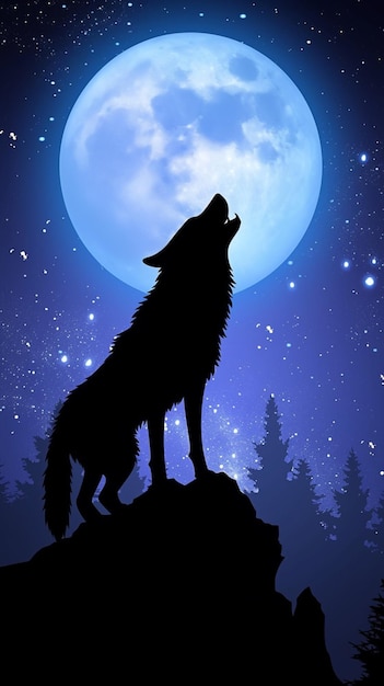 Silhueta de lobo aullando a la luna en el bosque Tapa de pared móvil vertical