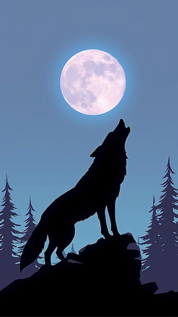 Silhueta de lobo aullando a la luna en el bosque Tapa de pared móvil vertical