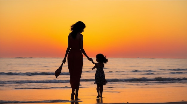 Silhueta Mãe e filha caminhando na praia quando o pôr do sol chega por Generative AI