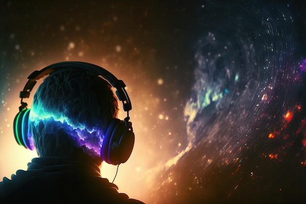 Silhueta masculina com fones de ouvido em fundo cósmico