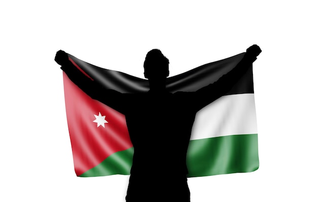 Silhueta masculina segurando a bandeira nacional da Jordânia 3D Rendering