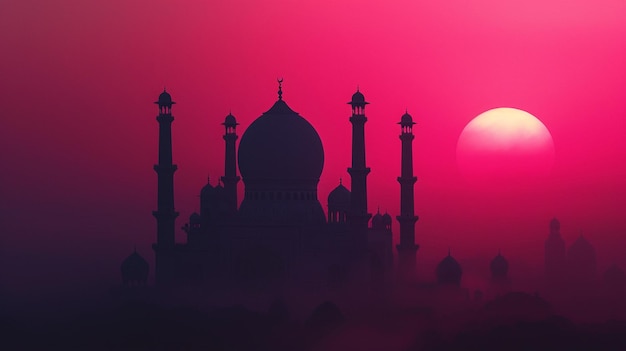 Silhueta misteriosa de la mezquita con fondos de magenta claro y carmesí claro