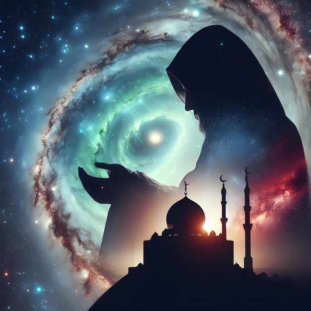Silhueta muçulmana galáctica Sonhador fundo de dupla exposição