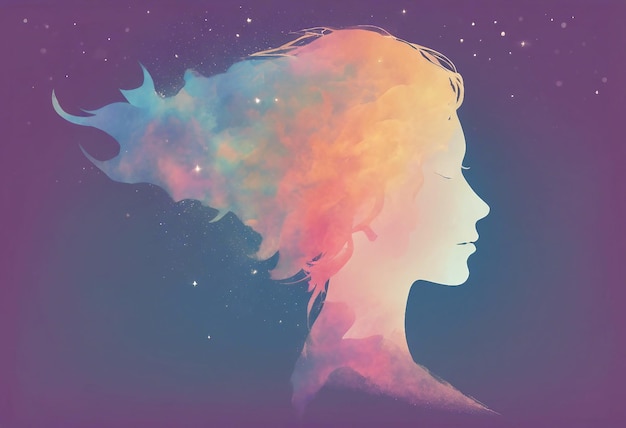 Silhueta de mujer con cabeza y cabello fluido arte de ilustración vectorial colorido
