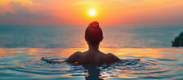 Silhueta de una mujer en una piscina infinita al atardecer