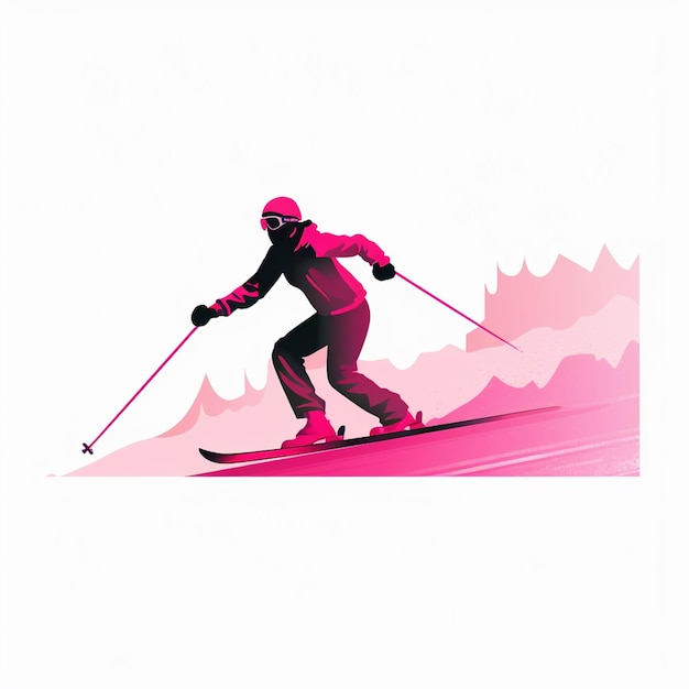 Silhueta de mujer plana rosada esquiando sobre un fondo blanco