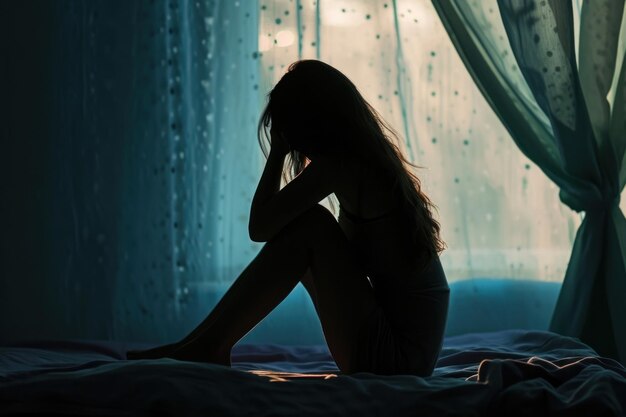 Silhueta de mujer sentada en la cama en la habitación oscura mujer triste