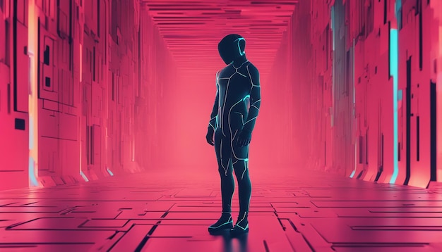 Foto silhueta na frente do bloco de cores cibernético conceito de figura humana futurista