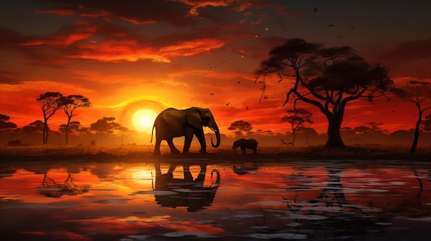 Silhueta negra de um elefante contra um fundo de pintura a óleo estilo leste vermelho pôr do sol