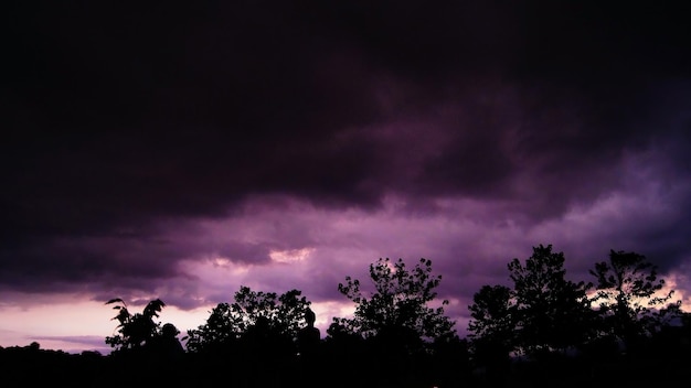 Silhueta negra nublada do céu roxo de árvores e pessoas olhando para o céu