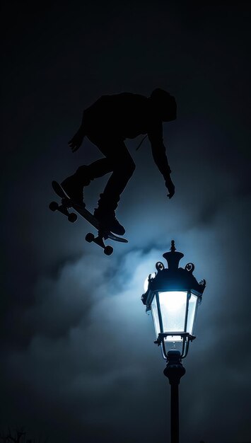 Foto silhueta olímpica de paris de um patinador fazendo um kickflip sob uma lâmpada de rua à noite hiperrealista com iluminação de alta intensidade focada