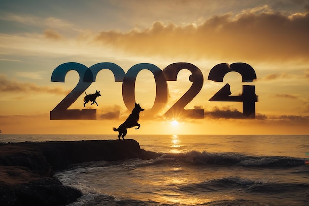 Silhueta de perro y joven saltando de 2023 a 2024 en el acantilado al atardecer Año nuevo y concepto de éxito