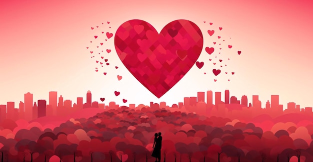 Silhueta preta de um casal apaixonado contra um conceito vermelho de um parque de arranha-céus e um grande coração acima deles Coração como um símbolo de afeto e amor