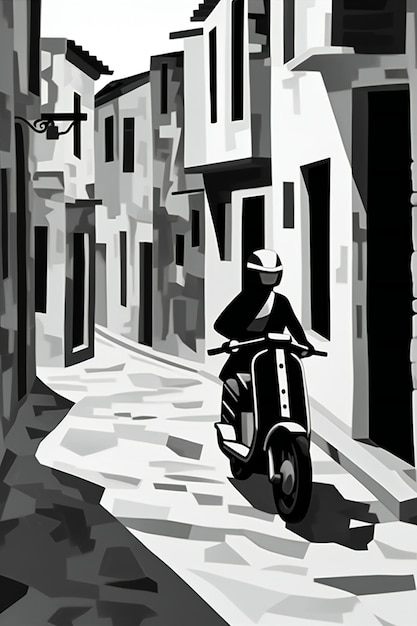 Silhueta preta de uma mulher montando uma scooter em uma rua estreita