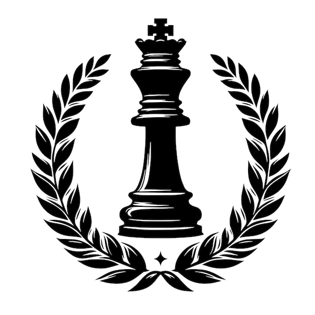 Silhueta preta e branca de uma coroa de louro com uma ilustração de símbolo de peça de xadrez
