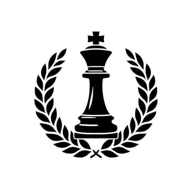 Silhueta preta e branca de uma coroa de louro com uma ilustração de símbolo de peça de xadrez