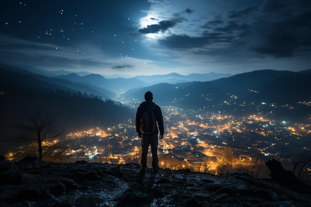 Silhueta retroiluminada Pessoa cativada pela visão de alto ângulo do céu noturno