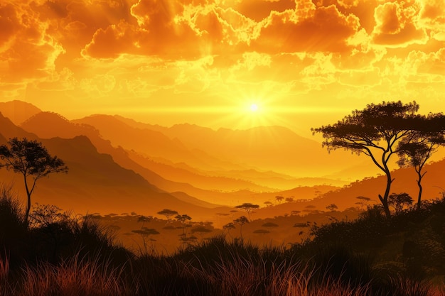 Silhueta de la selva con montañas África salvaje Naturaleza en fondo de puesta de sol dorada y nublada