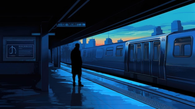 Silhueta solitária na estação de trem da cidade durante o crepúsculo Blue Monday dia mais deprimente