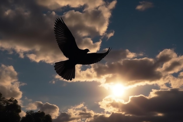 Silhueta sombra de pombo abrindo asas voando para o céu pela manhã simboliza a paz