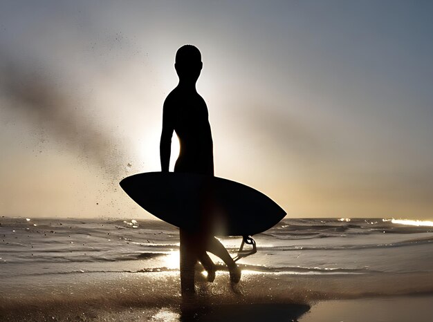 Silhueta Surfistas surfando durante a corrida nas ondas na praia ao pôr do sol