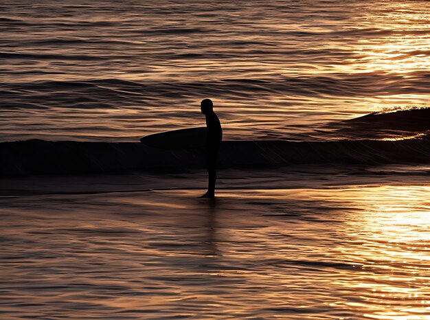 Silhueta Surfistas surfando durante a corrida nas ondas na praia ao pôr do sol