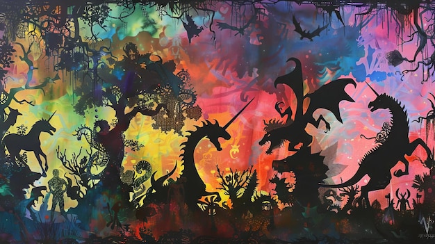 Silhuetas abstratas de criaturas míticas em camadas para formar uma paisagem fantástica com dragões e unicórnios