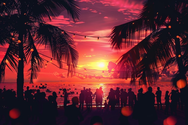 Silhuetas balançando-se num pôr-do-sol vibrante numa festa de dança na praia tropical que personifica a alegria do verão