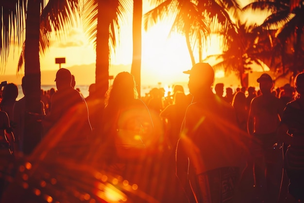 Silhuetas balançando-se num pôr-do-sol vibrante numa festa de dança na praia tropical que personifica a alegria do verão