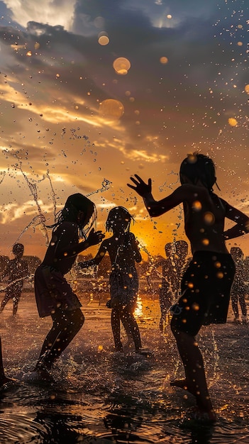 Silhuetas brincando em Songkran salpicos de água com o pôr do sol como pano de fundo