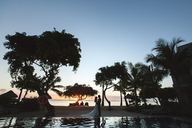 Silhuetas da noiva e do noivo ao pôr do sol. o reflexo na piscina