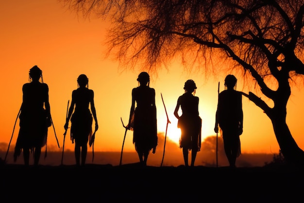 Silhuetas de aborígenes africanos ao pôr do sol Generative AI