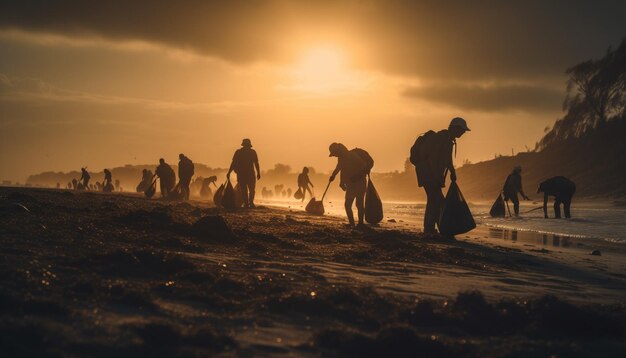 Silhuetas de adultos e crianças caminhando na areia ao pôr-do-sol geradas por inteligência artificial