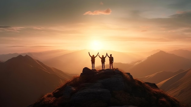 Silhuetas de amigos felizes com as mãos levantadas em pé no topo de uma montanha durante o pôr do sol generative ai