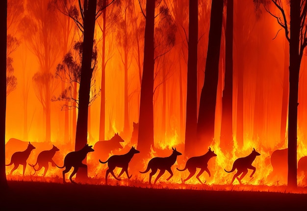 Silhuetas de animais australianos fugindo para