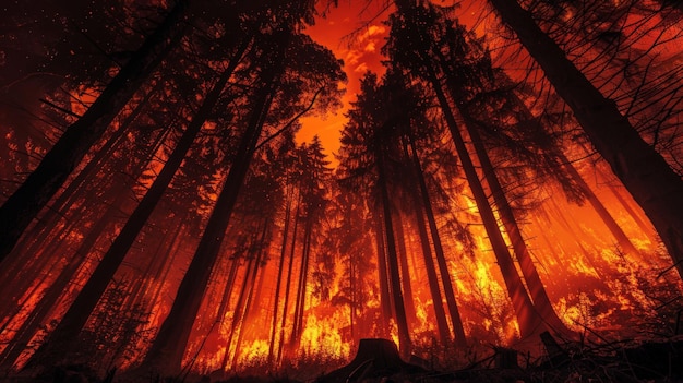 Foto silhuetas de árvores altas envoltas em chamas destacando a força destrutiva dos incêndios florestais