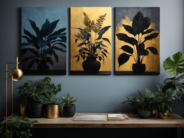 Silhuetas de belas plantas em lona cores douradas preto azul e cinza pintura de interiores
