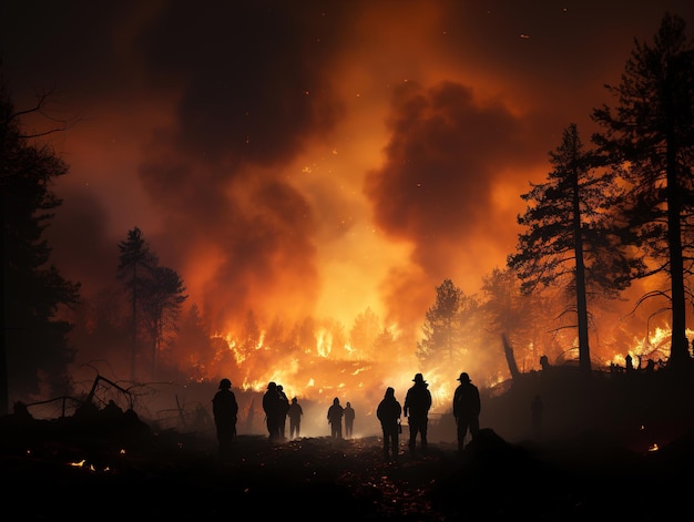 Silhuetas de bombeiros contra o pano de fundo de uma floresta em chamas IA generativa