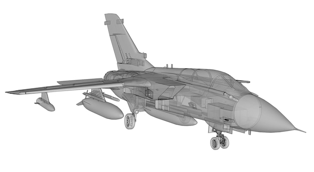 Silhuetas de caça a jato militar. Imagem de aeronaves em contorno desenhando linhas. A estrutura interna da aeronave. Renderização 3D.
